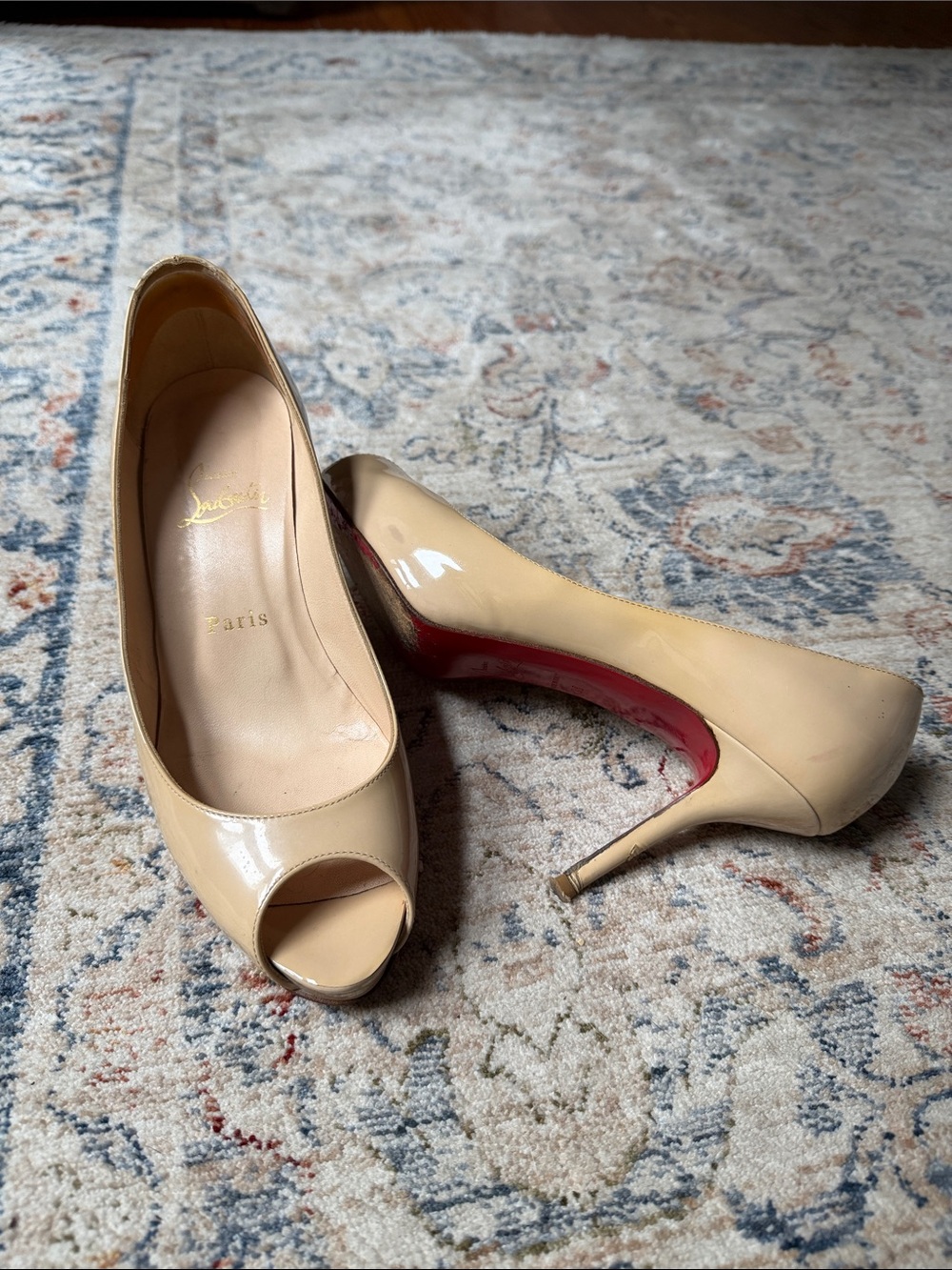 Christian Louboutin “Mater Claude” Beige Patent Peep-Toe Pumps
